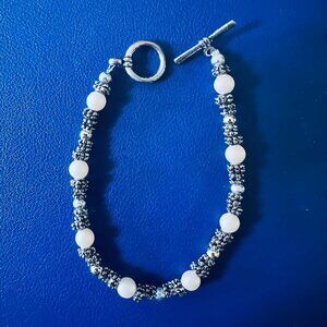 ✨ 7" Silver & White Pearl Beaded Bracelet | Toggle Clasp | Elegant Style ✨